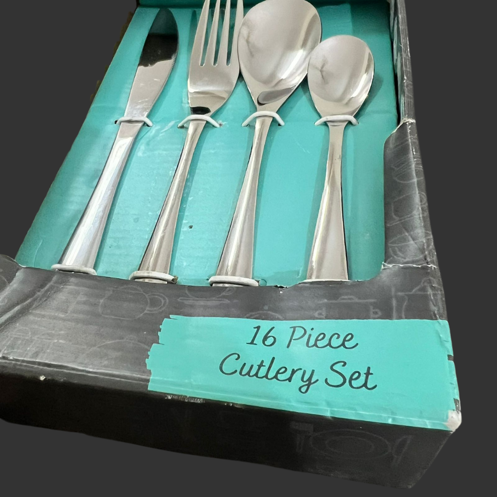 16-piece cutlery set in packaging with turquoise interior and black exterior.