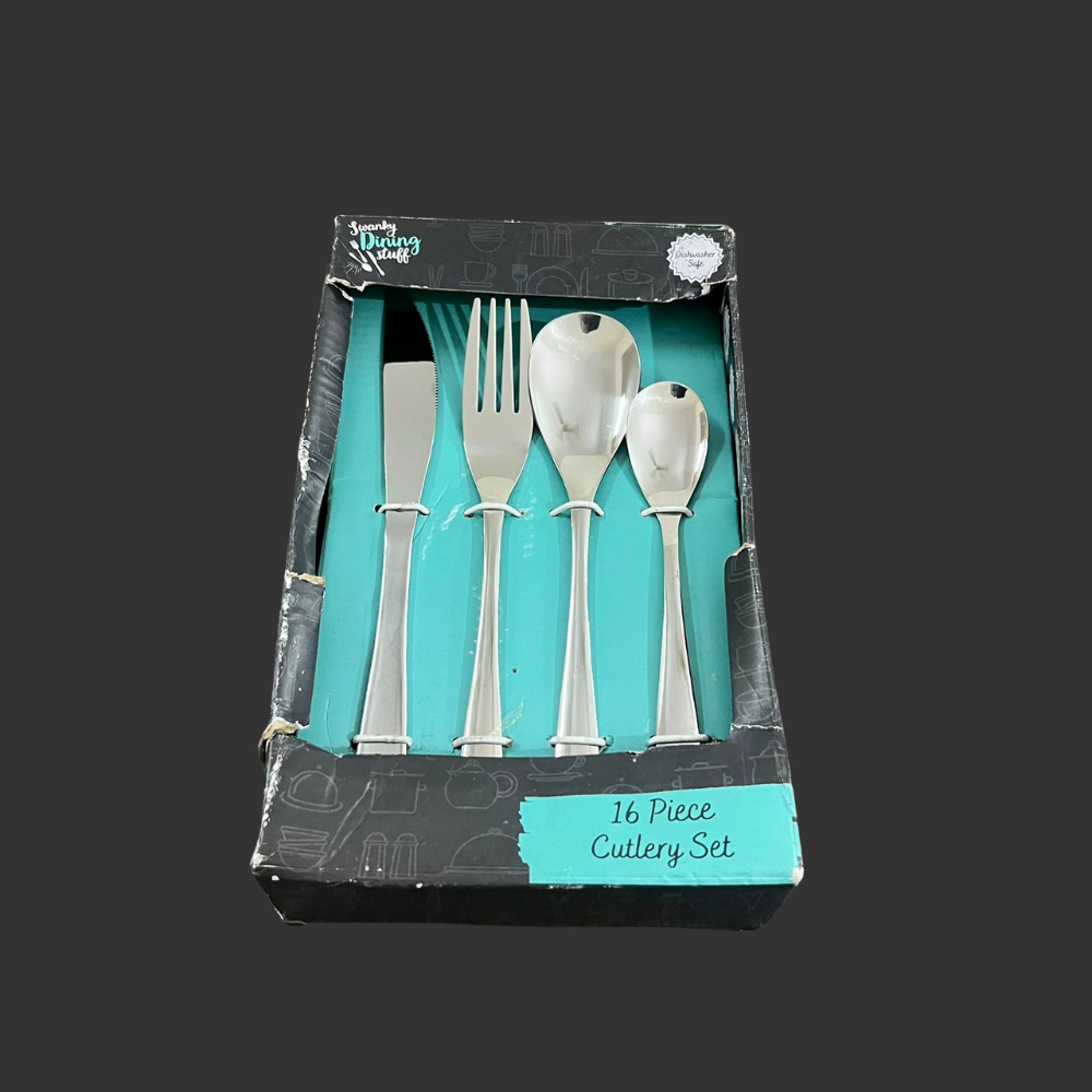 16-piece cutlery set in packaging with turquoise interior