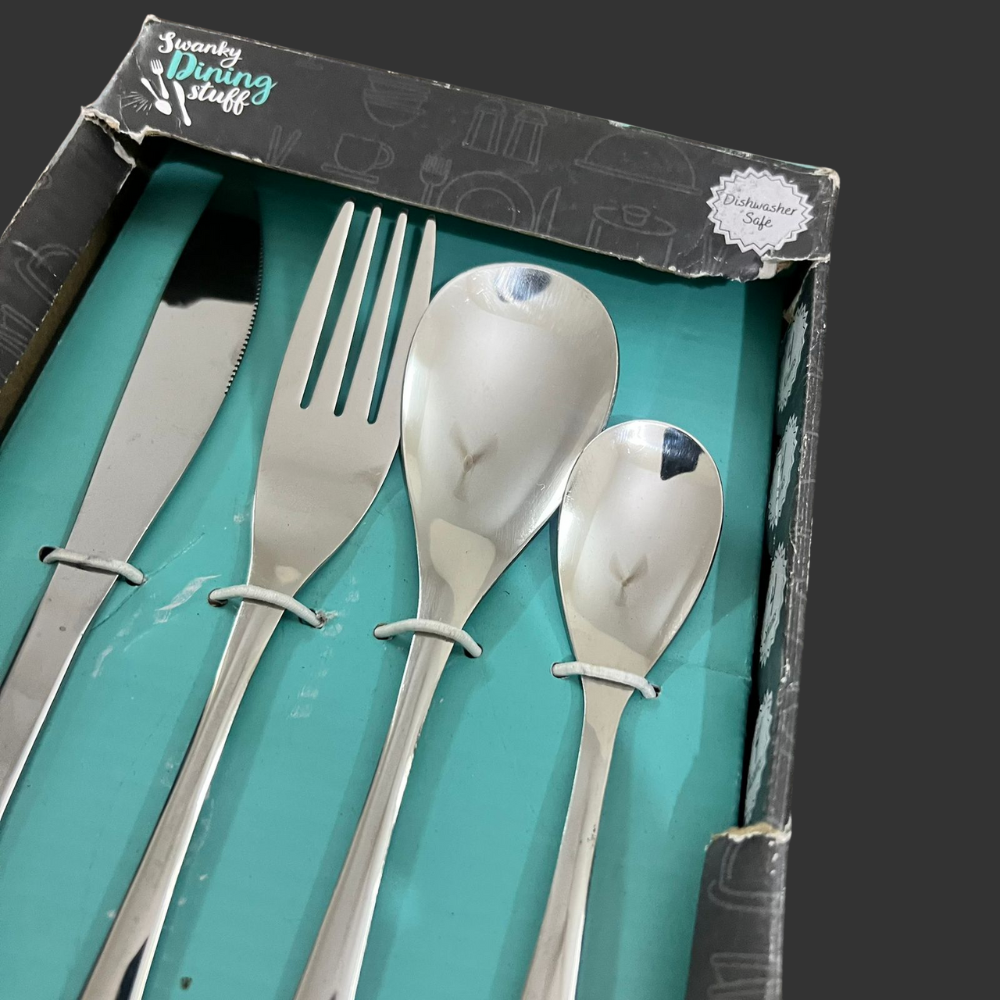 Set of silver cutlery including knife, fork, and two spoons in a teal box with 'Swanky Dining Stuff' branding.