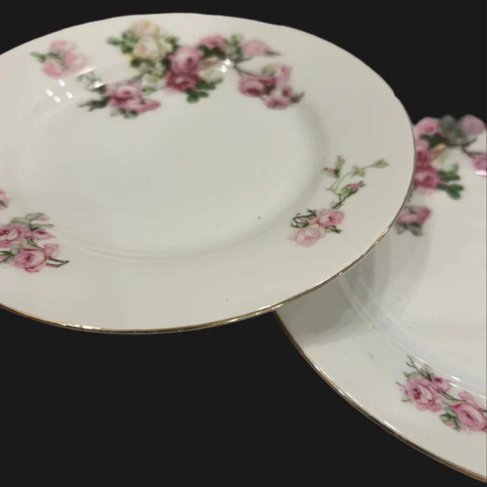 Two ceramic plates with floral patterns on a black background