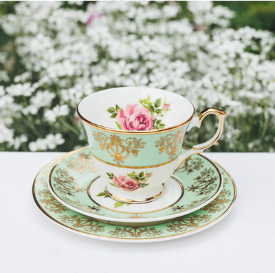 Bone China Teacup Set Green | Pink Cabbage Rose