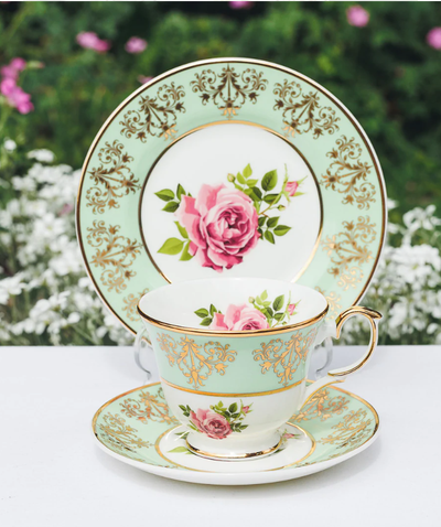 Bone China Teacup Set Green | Pink Cabbage Rose