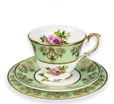 Bone China Teacup Set Green | Pink Cabbage Rose