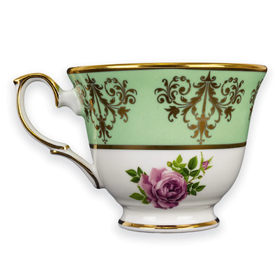 Bone China Teacup Set Green | Pink Cabbage Rose